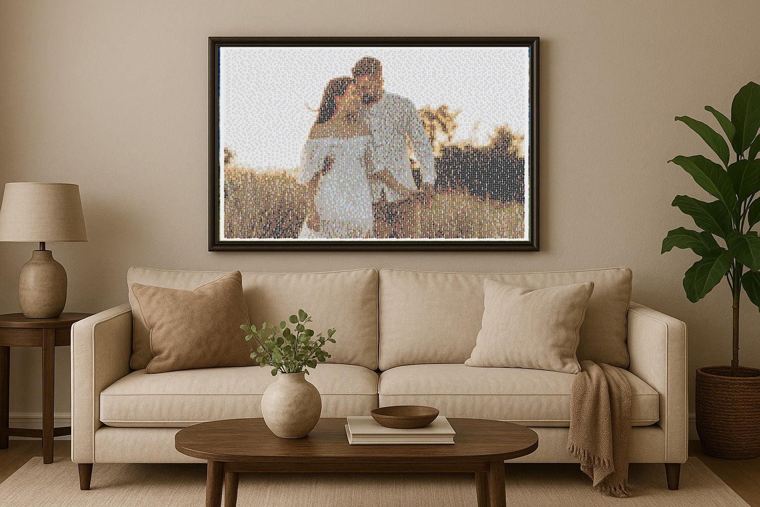 Pixxeleate canvas displayed above a living room sofa
